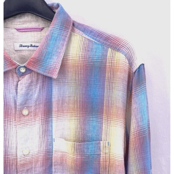Tommy Bahama Shirt Men’s Size L 100% Linen Spring Plaid Pastel Long Sleeves - Picture 1 of 14